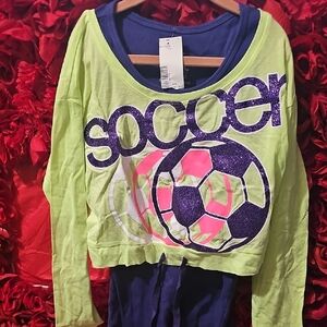 Justice NWT Girls Soccer Layered Graphic Shirt - Neon Green and Purple Size 10